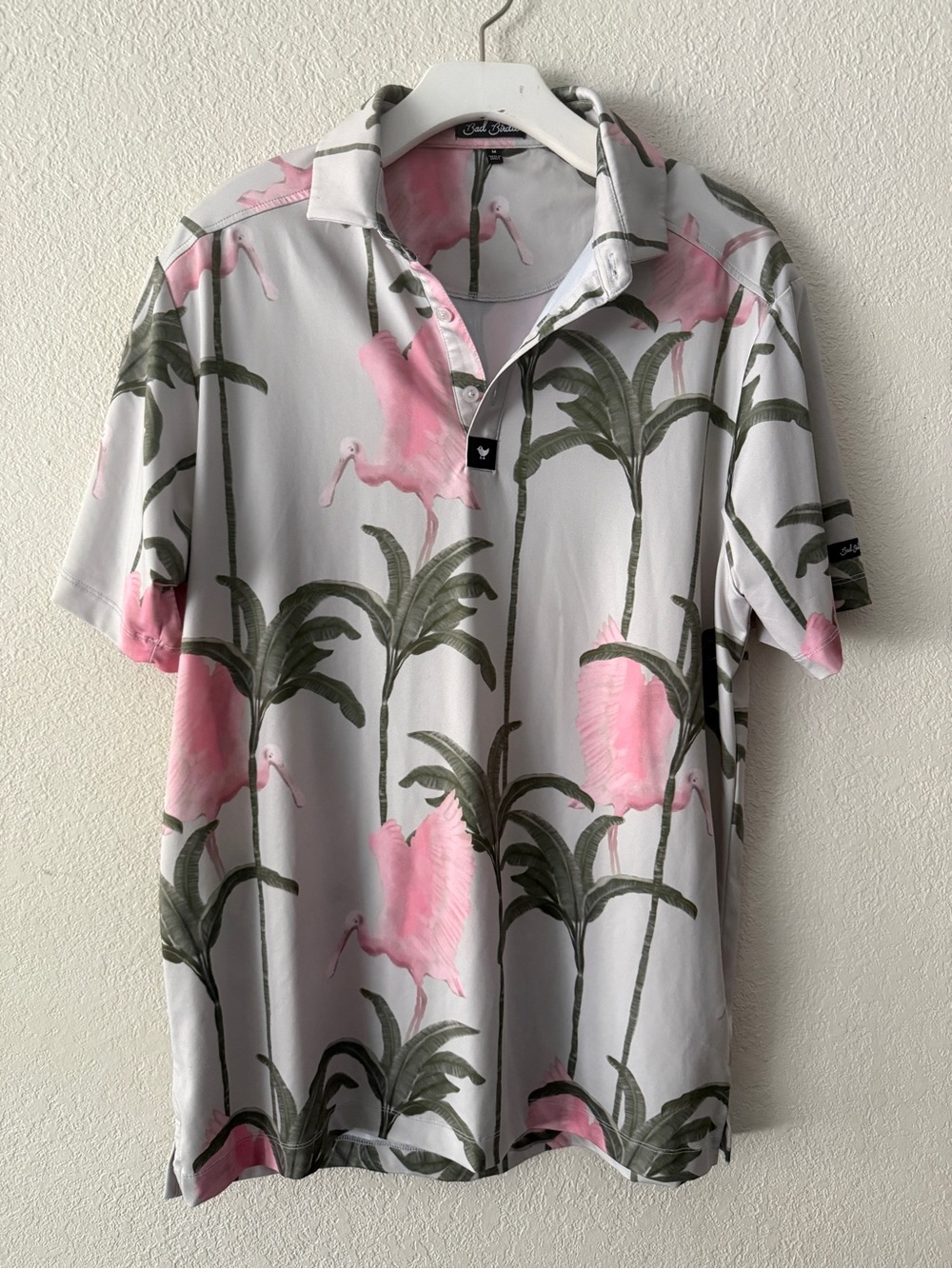 Men’s Bad Birdie White Polo with Pink Flamingo & Green Palm Print size M